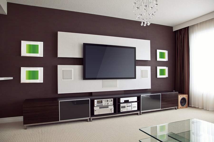 television mounted on modern wall unit in stylish living room