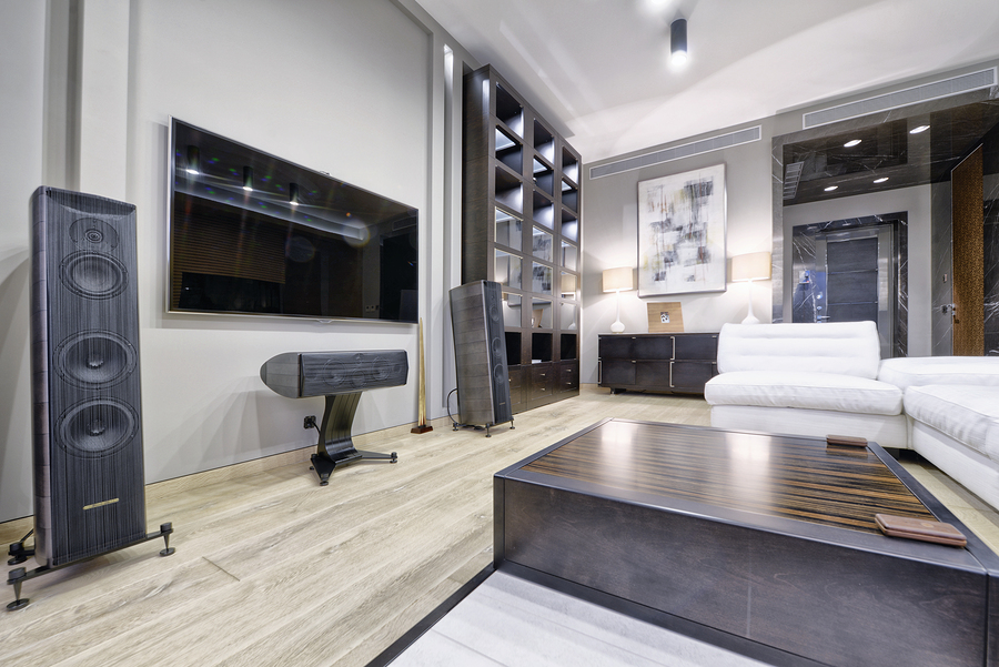 entertainment system and speakers in sleek modern living room.