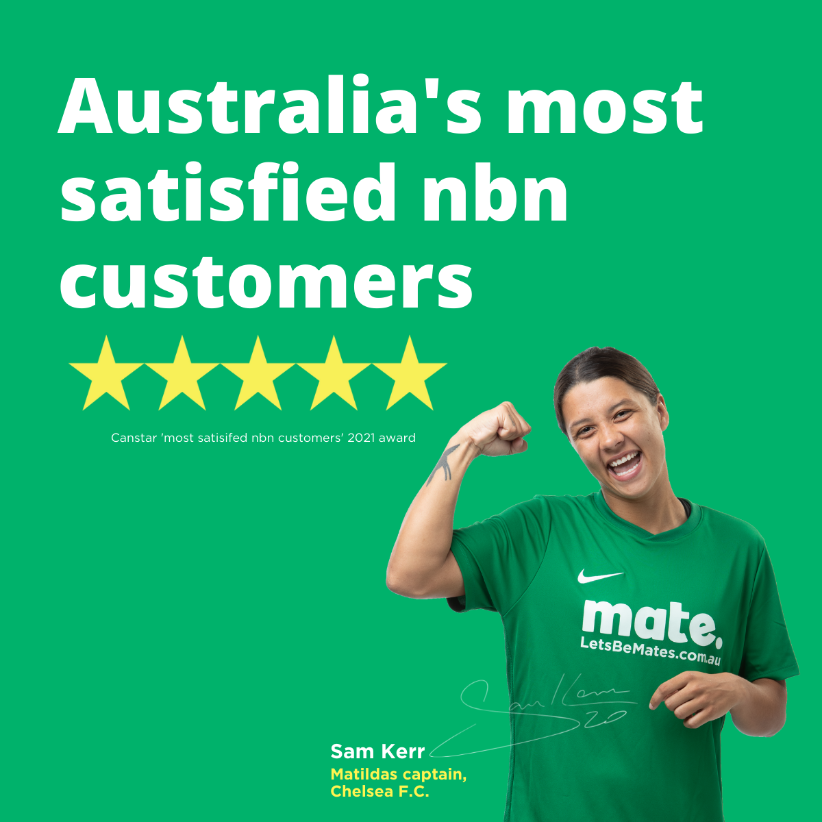 person flexing arm, promoting satisfaction by the mate brand with five stars.