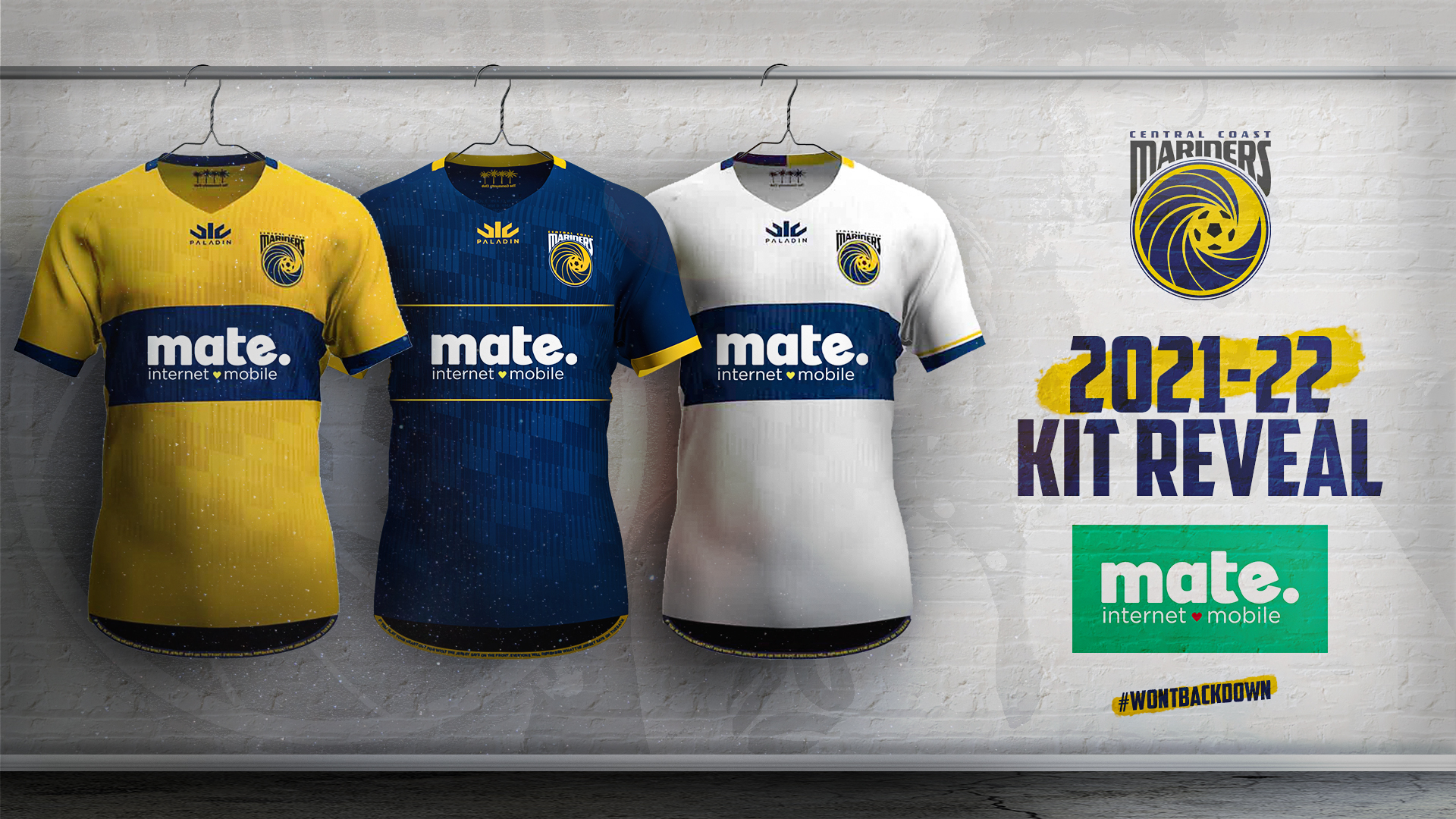 three soccer jerseys hanging on display at the kit reveal.