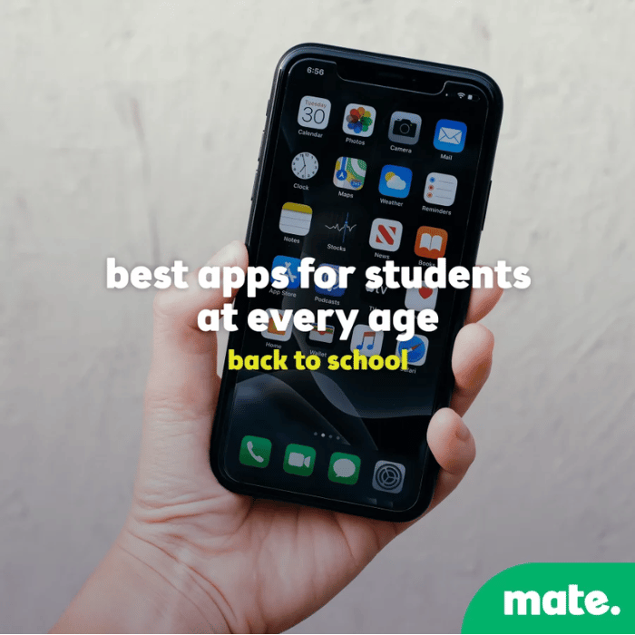 hand holds smartphone; promoting educational apps by mate.