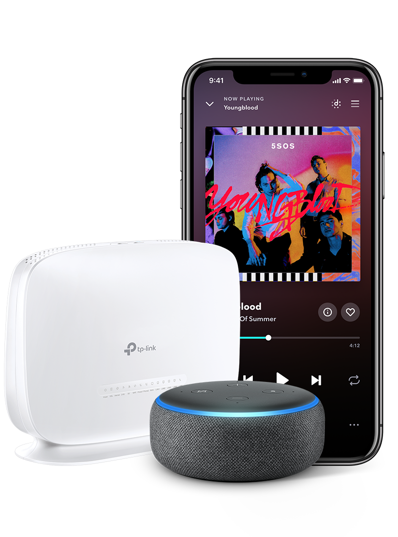 TP-Link Archer VR1600v modem along with Amazon Echo Dot (3rd Gen) and a smartphone with TIDAL music