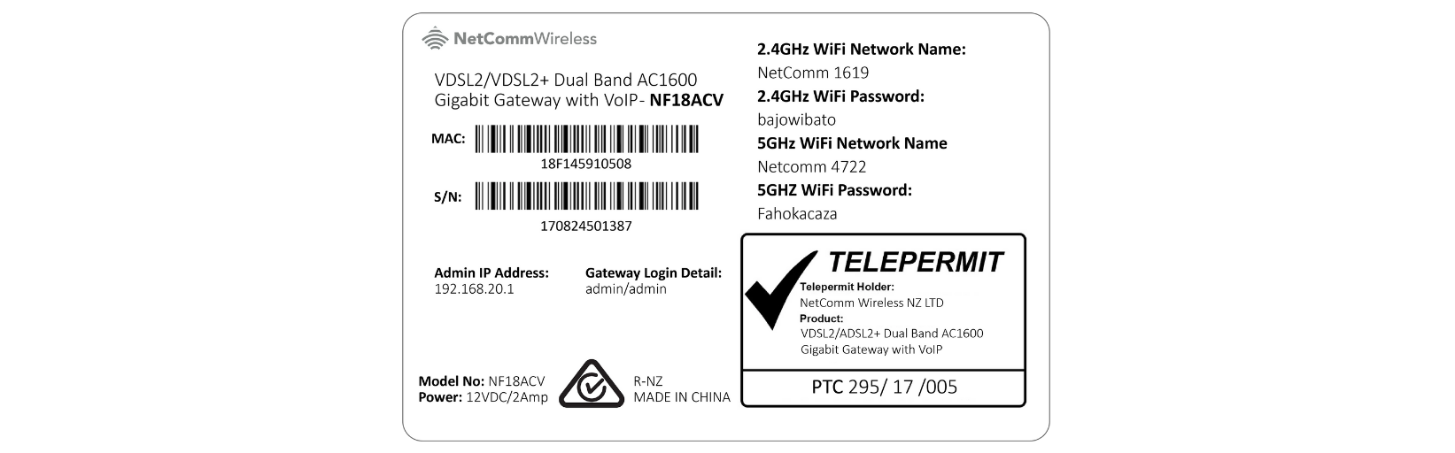 MATE Netcomm Modem Wi Fi details