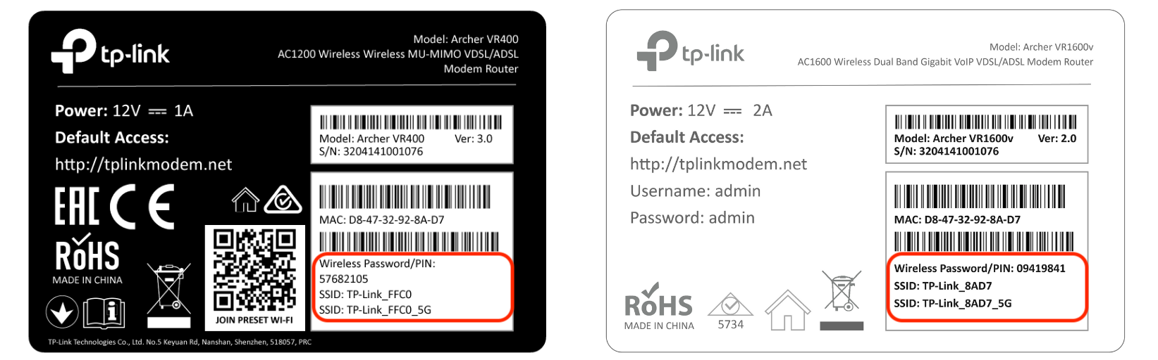 MATE TP-Link Modem Wi Fi details - VR400 and VR1600v