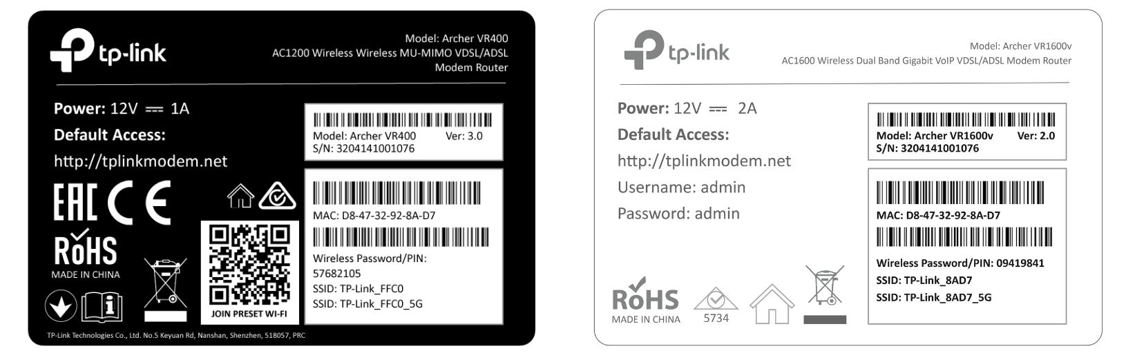 MATE TP-Link Modem Wi Fi details - VR400 and VR1600v