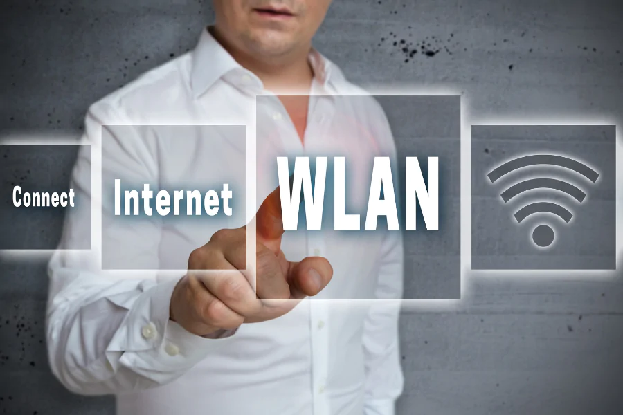 man pressing virtual wlan icon amid digital network context
