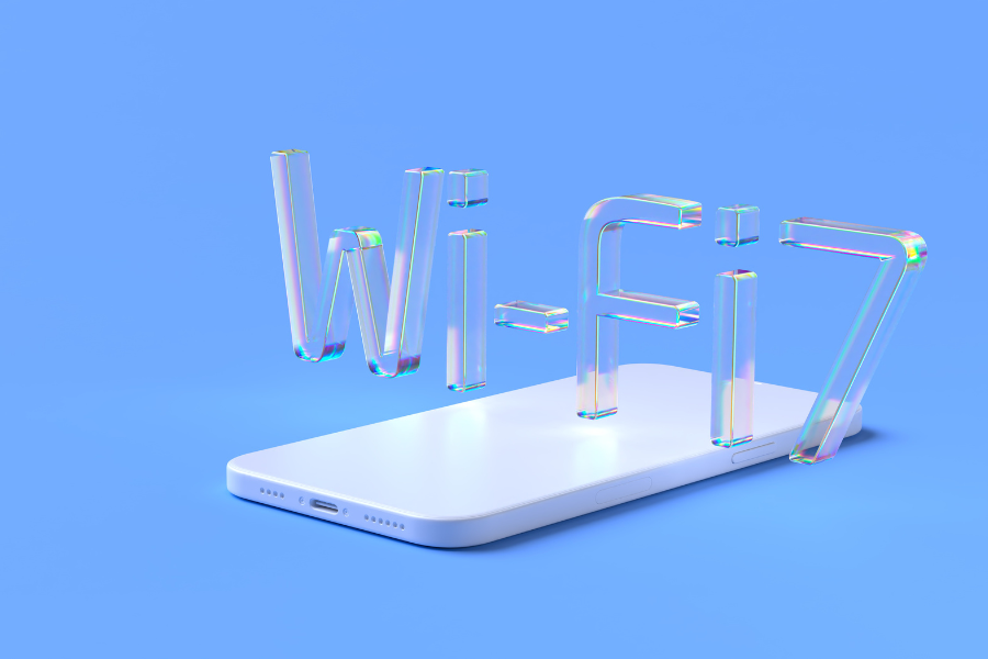 crystal letters floating above smartphone depict wi-fi 7 technology