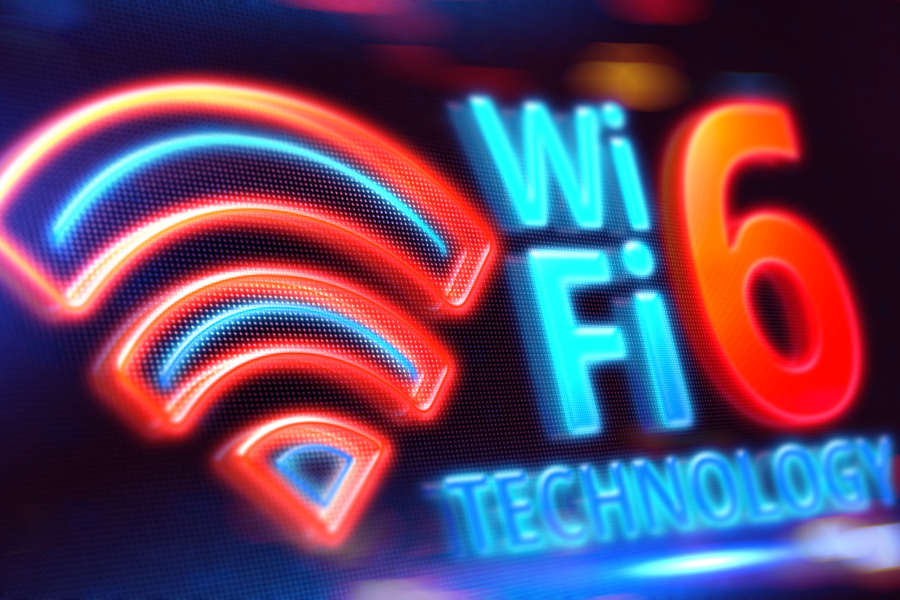 neon text displaying wifi 6 technology in a digital design.