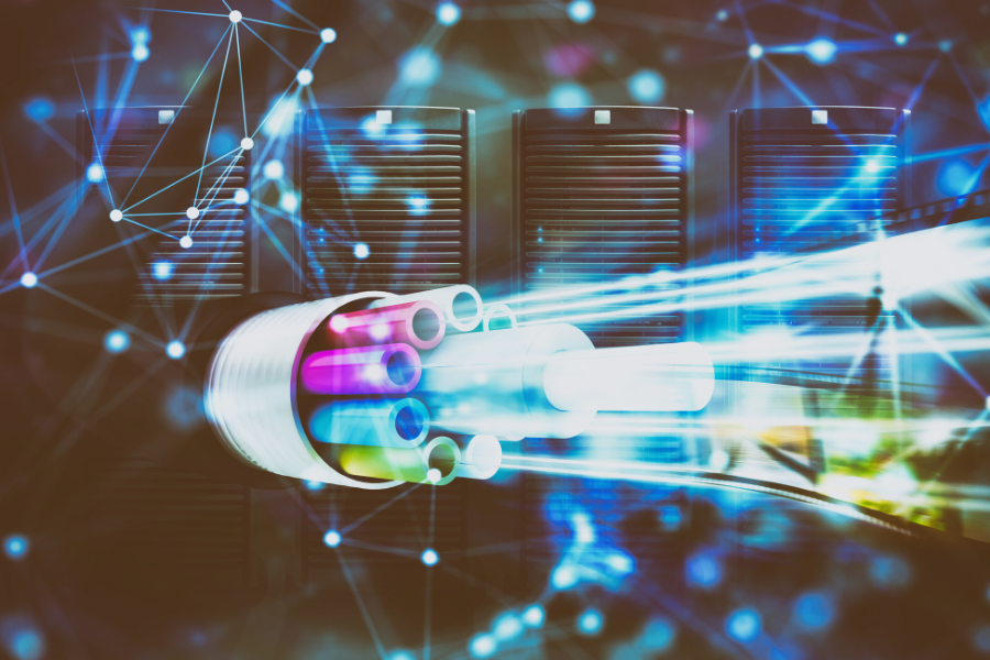 fiber optic cables transmitting data in a server room