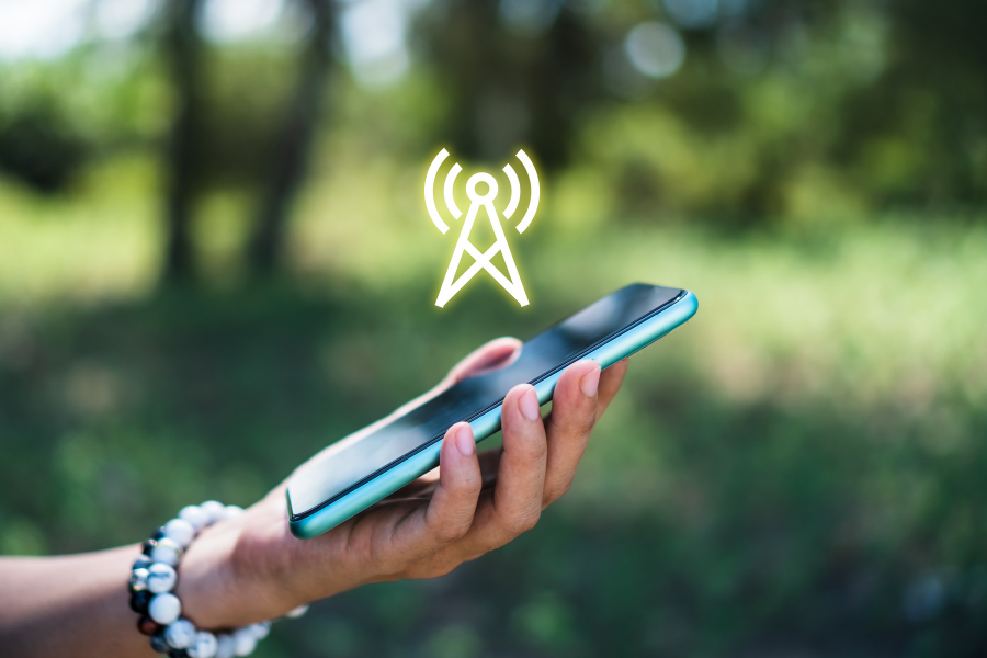 hand holding smartphone with signal icon in a park environment.