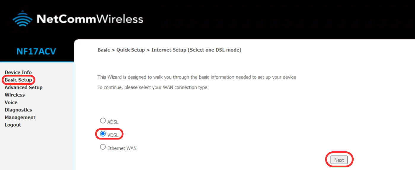 Netcomm Nf17acv Modem Router Vdsl Configuration Basic Setup