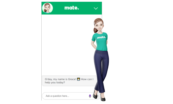 virtual assistant grace greeting users by the mate brand
