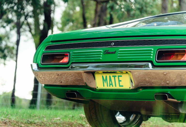 green car displaying mate license plate in wooded area