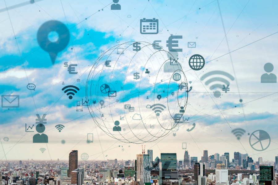 digital symbols overlay cityscape, illustrating connectivity and technology in urban environment