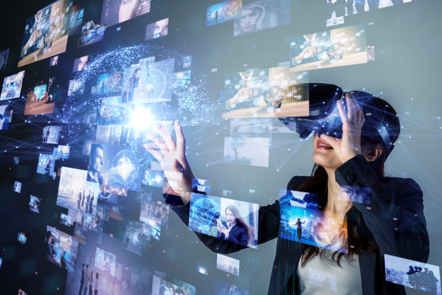 woman using virtual reality headset amid floating digital images
