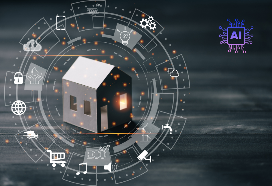 model house surrounded by digital icons representing smart home technology