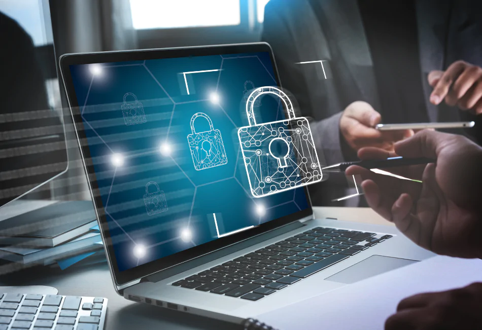 digital padlock displayed on laptop screen in office setting