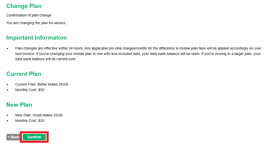 Screenshot showing the confirm button to finalise your Mobile plan change in MATE's self-care portal