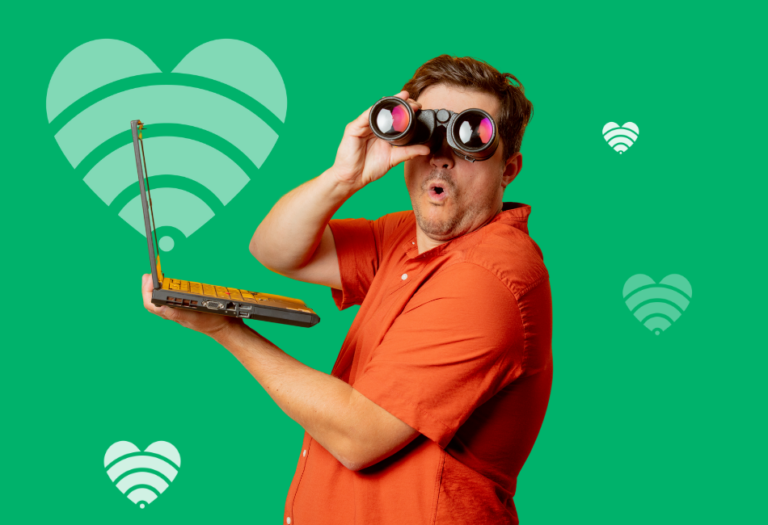 Searching guy orange shirt_green BG