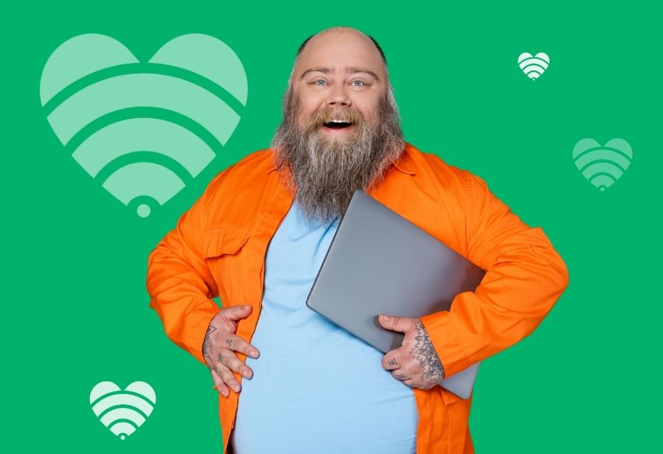 Orange guy with laptop