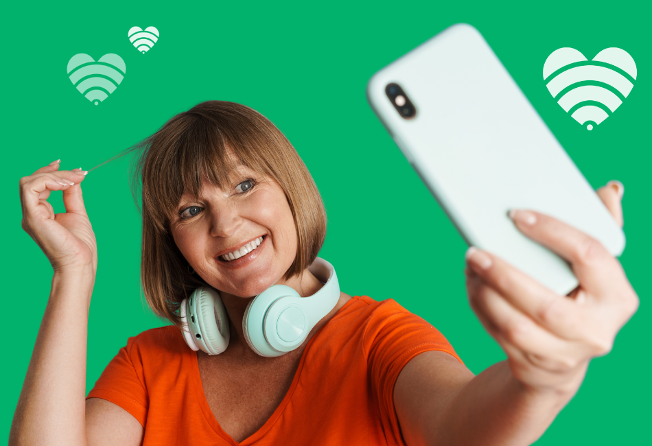 Orange shirt lady with headphones video call