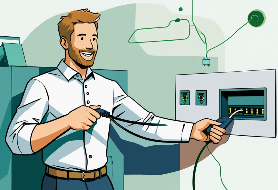 Smiling man connecting an Ethernet cable to a wall socket