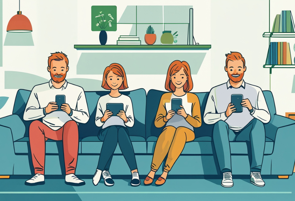 Illustration of a family on a couch with multiple devices including phones and tablets, showcasing home internet usage.