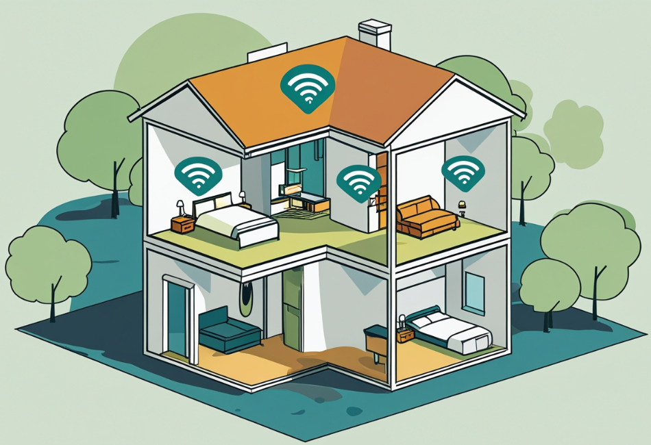 Illustration of a two-storey house with multiple Wi-Fi signal icons in different rooms, showing wireless coverage.