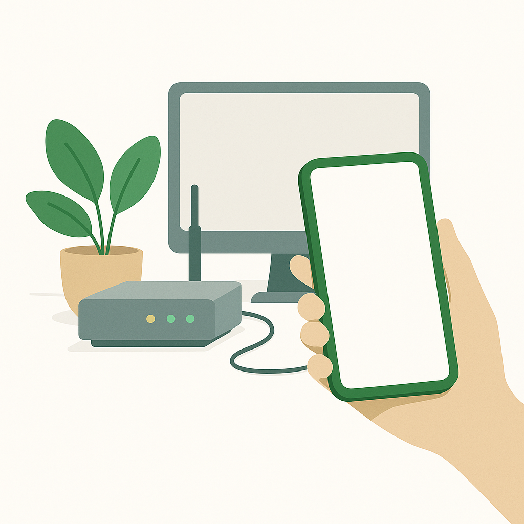 A hand holding a smartphone in front of a modem, computer, and pot plant
