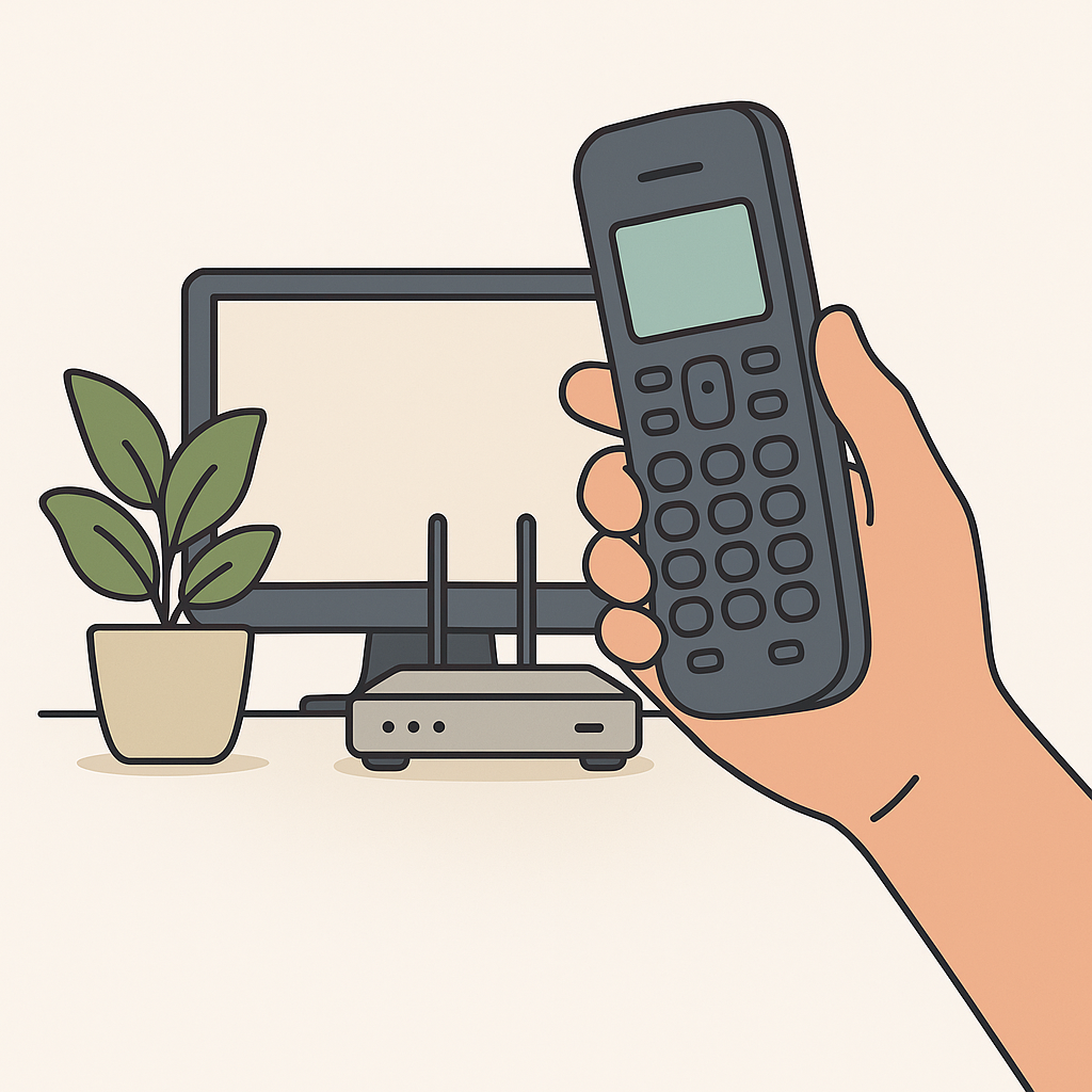 A hand holding a home phone handset next to a modem and computer on a desk, illustrated in a flat, modern style with green accents