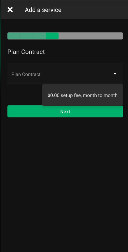 Plan contract selection screen during MATE Fibre upgrade process showing a $0.00 setup fee and month-to-month contract.
