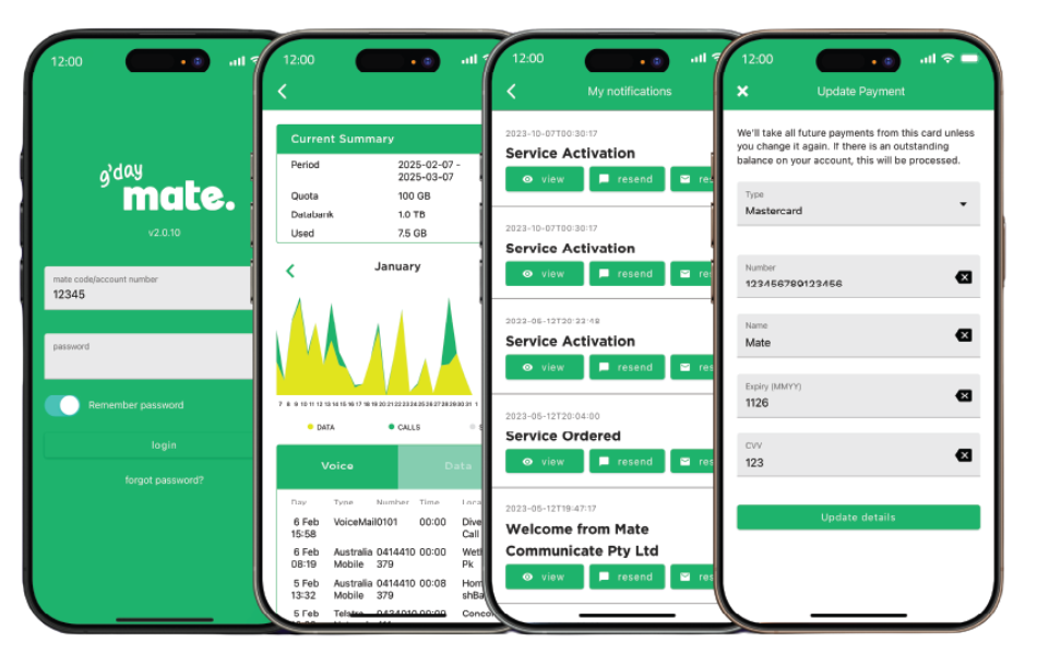 Screenshots of the myMATE app showing login, usage summary, service notifications, and payment update screens