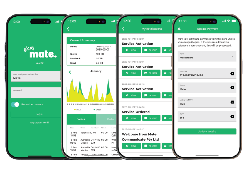 Screenshots of the myMATE app showing login, usage summary, service notifications, and payment update screens