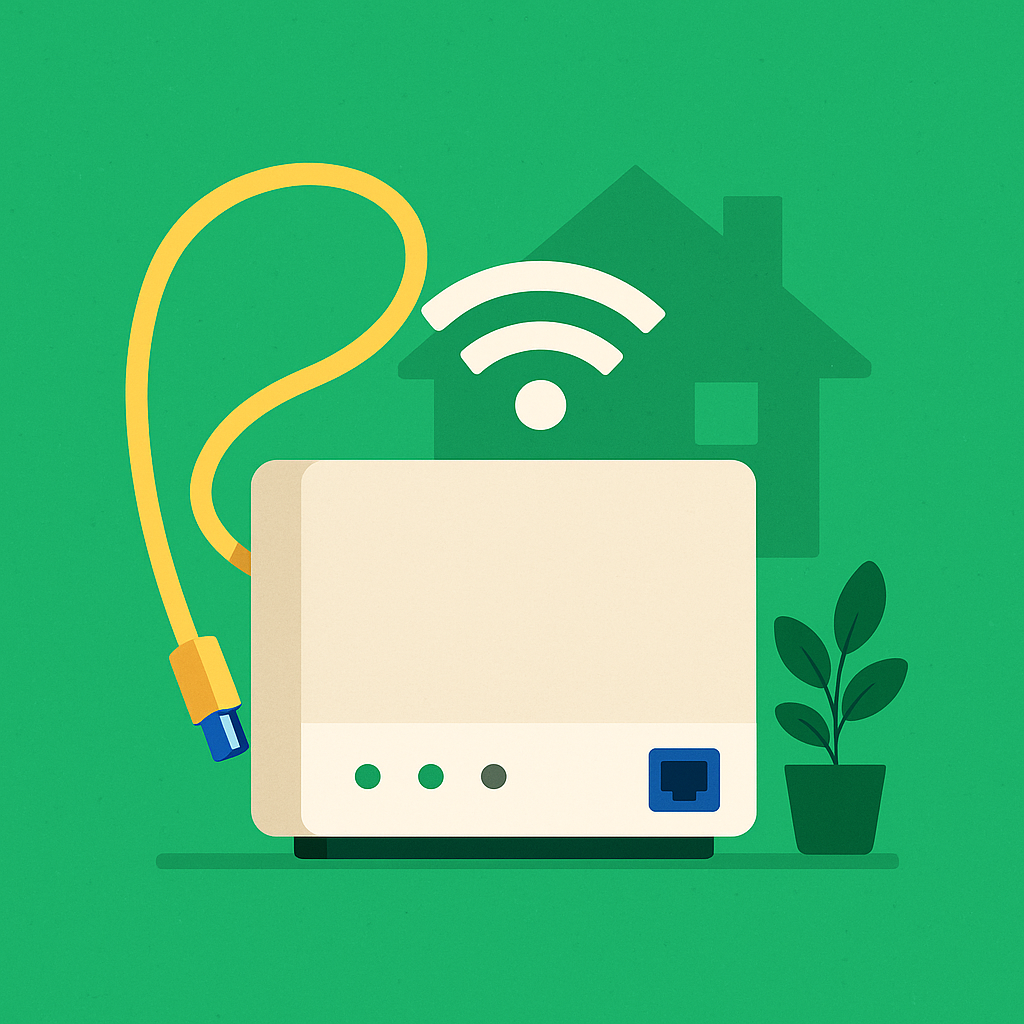 Illustration of an nbn Fibre modem, with an Ethernet cable, pot plant, house and green surroundings.