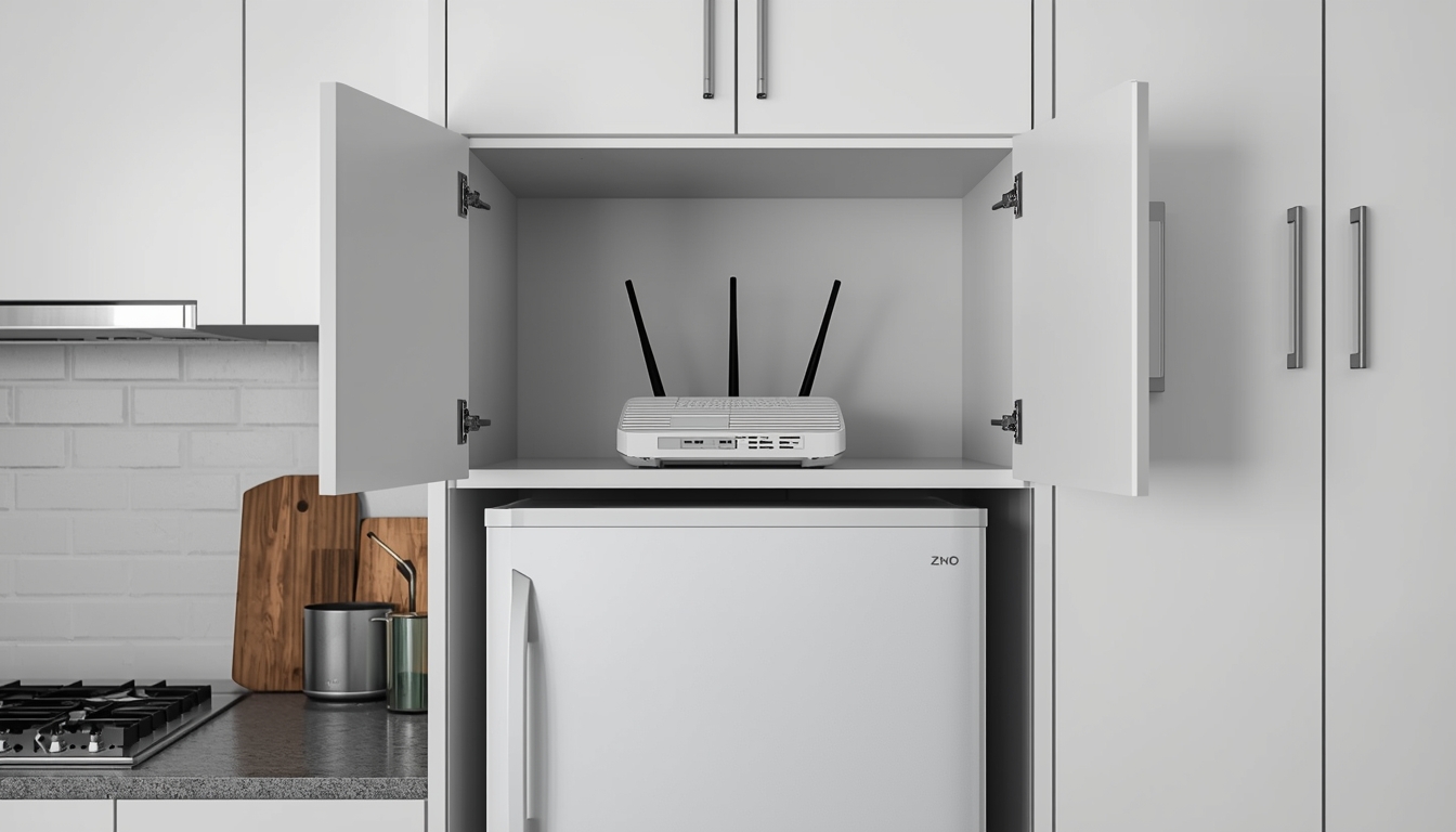 Modern Australian Kitchen With A Very Old Internet Router Sitting Inside A Cupboard