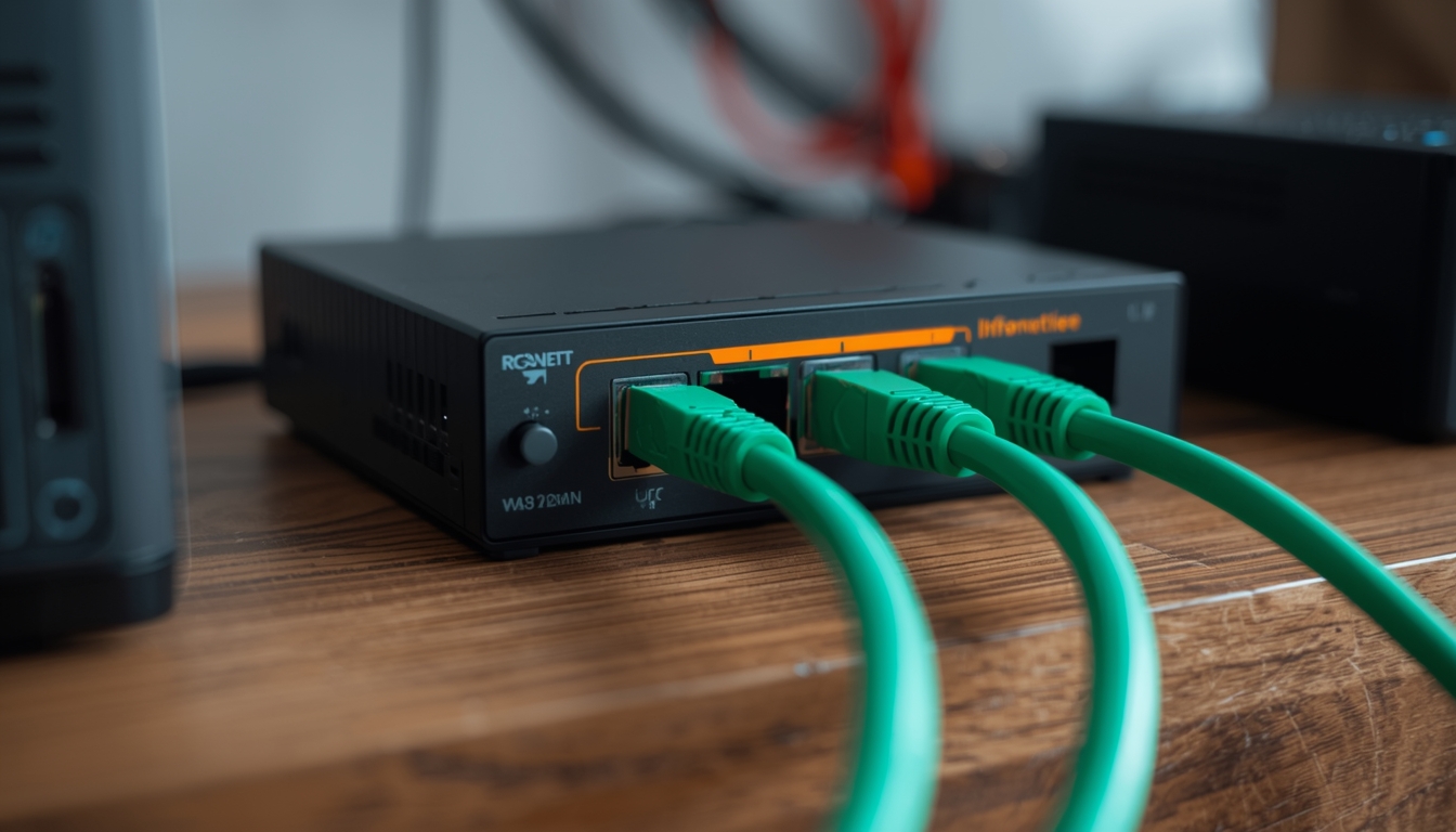 Networking Switch In A Home With Green Ethernet Cables