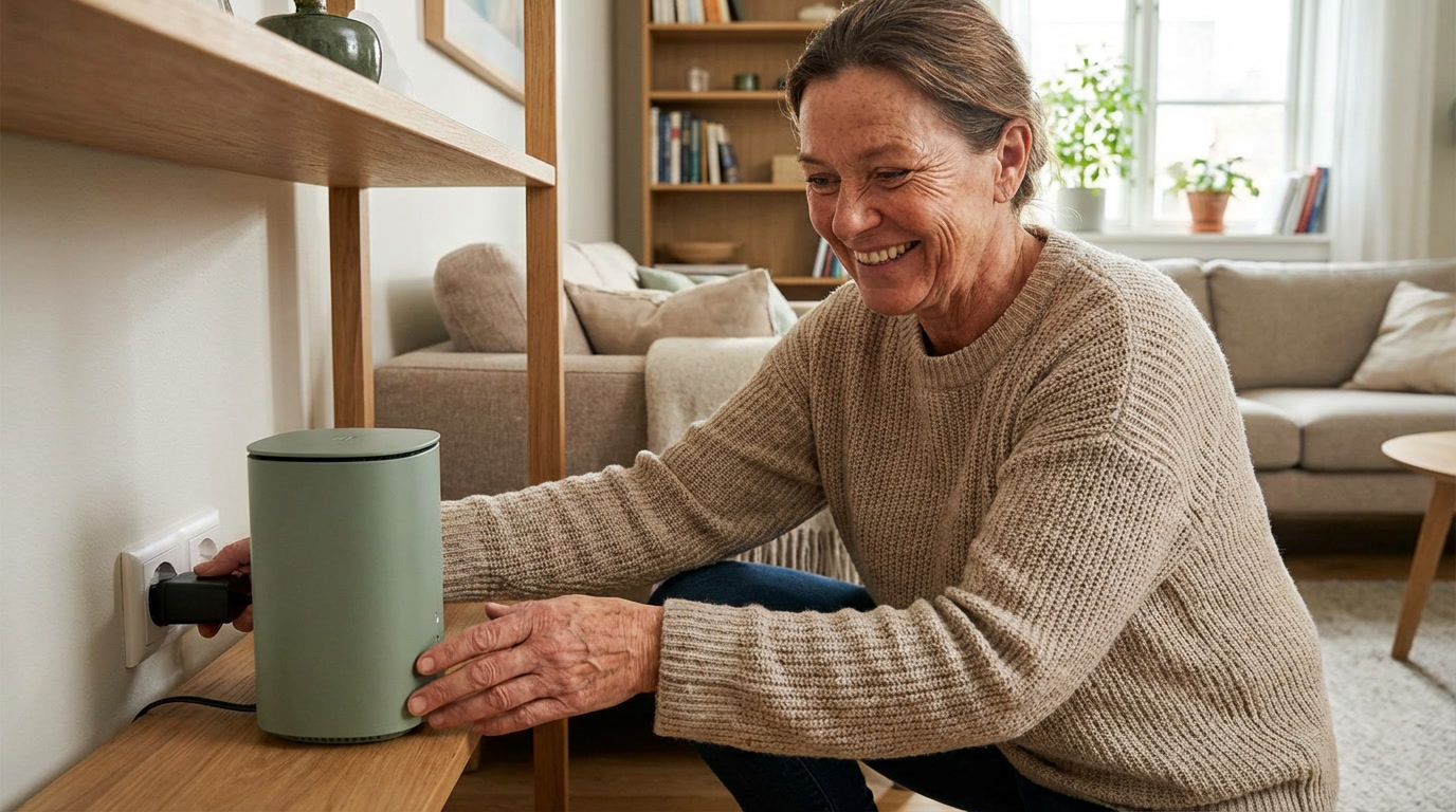 A Happy New Customer Plugging In A Green Wifi Router In