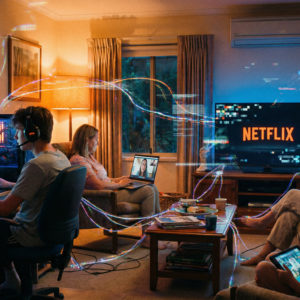 Family using multiple devices in living room