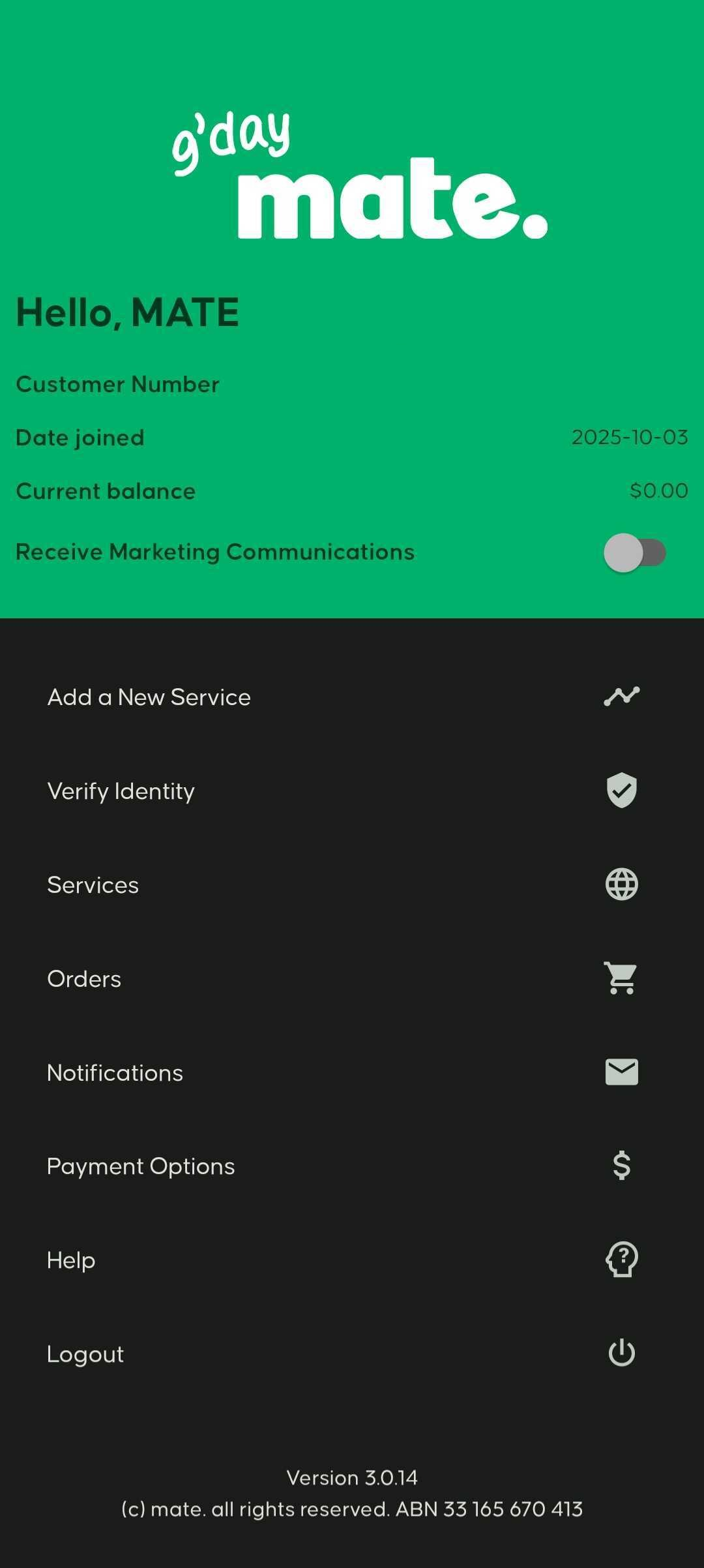 Selecting Services in the myMATE app to view account services