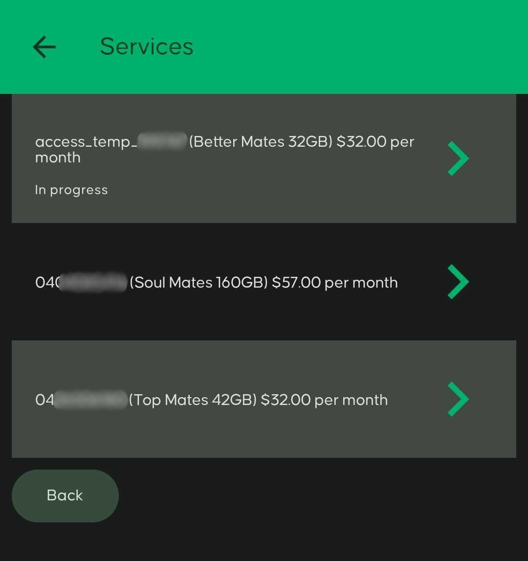 List of mobile services displayed in the myMATE app