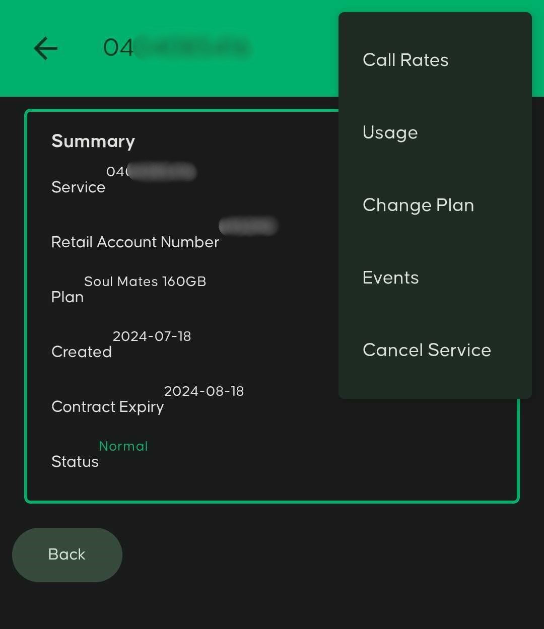 Service summary screen showing mobile number, plan and account details