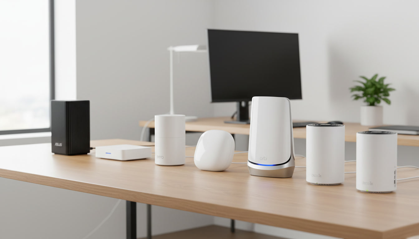 Image Of A Modern Home Office with 6 mesh wifi products Sitting On A Clean Shelf