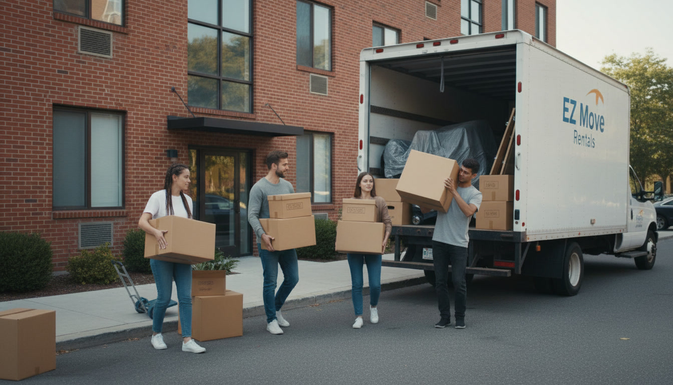 Group Of Young People Moving Into A Sharehouse With A Rental Truck Outside 