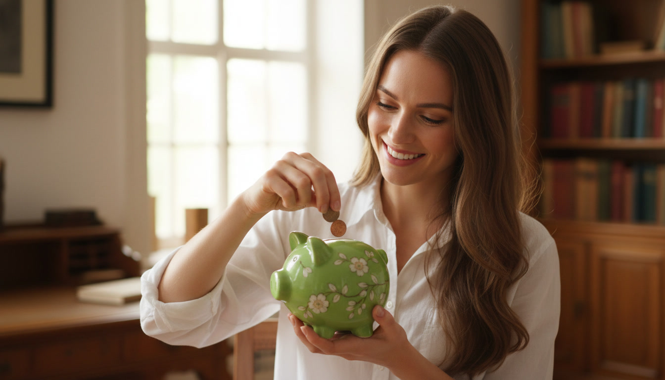 A Woman With Long Brown Hair And Bright Smile with piggy bank