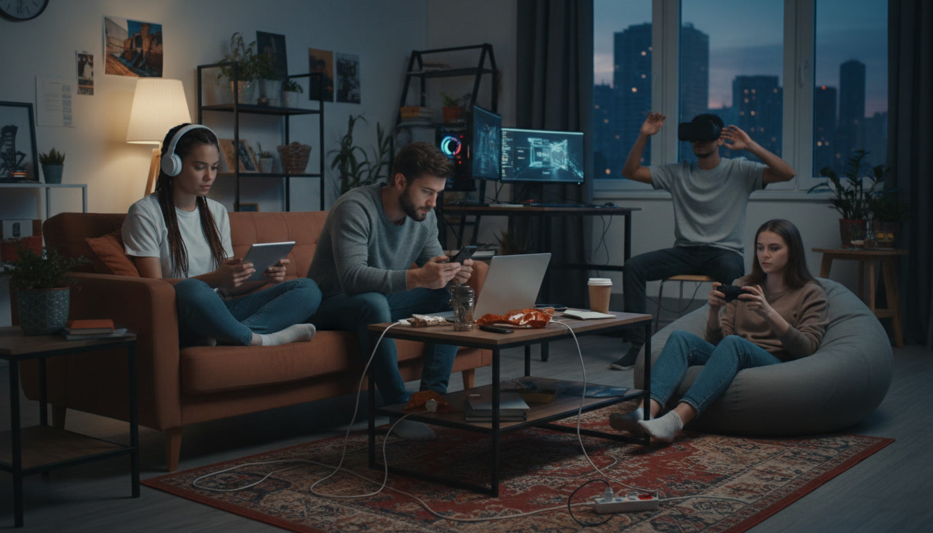  Young People In A Sharehouse Using Internet On Different Devices