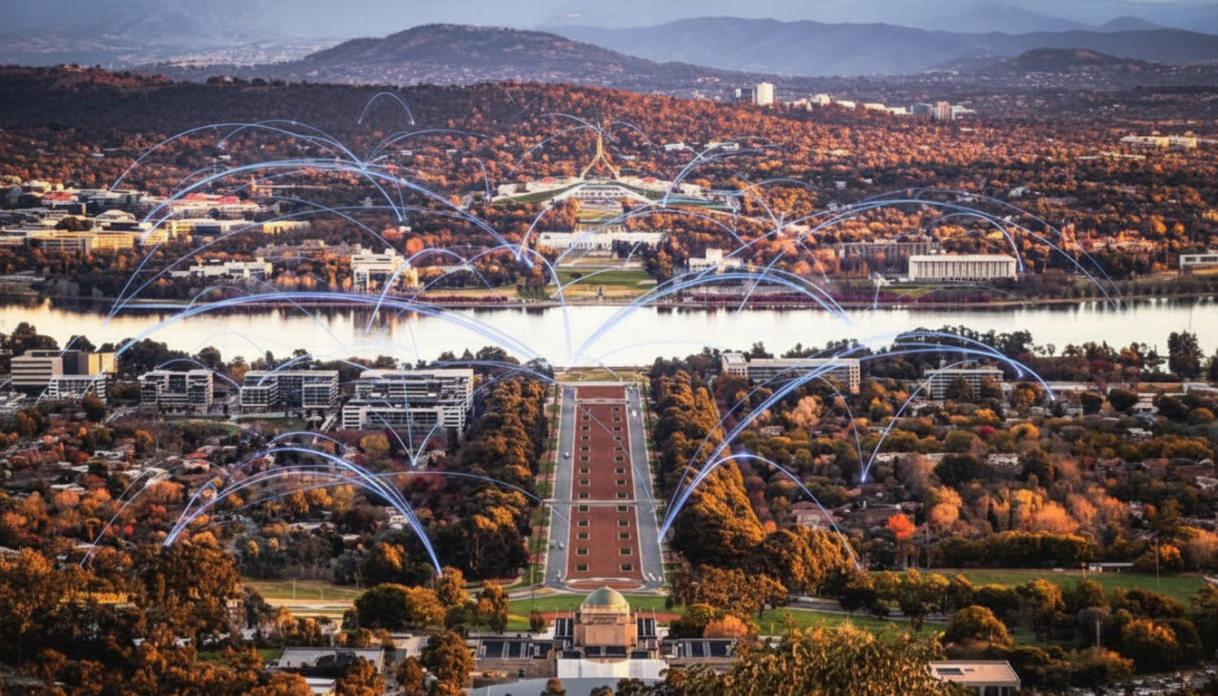 Cityscape Shot Of Canberra Act With Floating Fibre Connectivity Signals