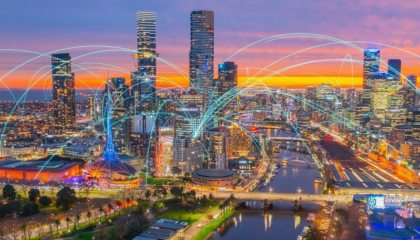 A Cityscape Shot Of Melbourne Australia With Floating Fibre Connectivity Signals
