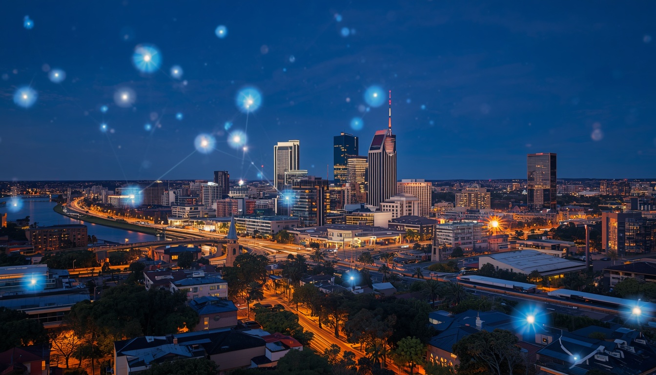 A Cityscape Shot Of Adelaide South Australia With Floating Fibre Connectivity