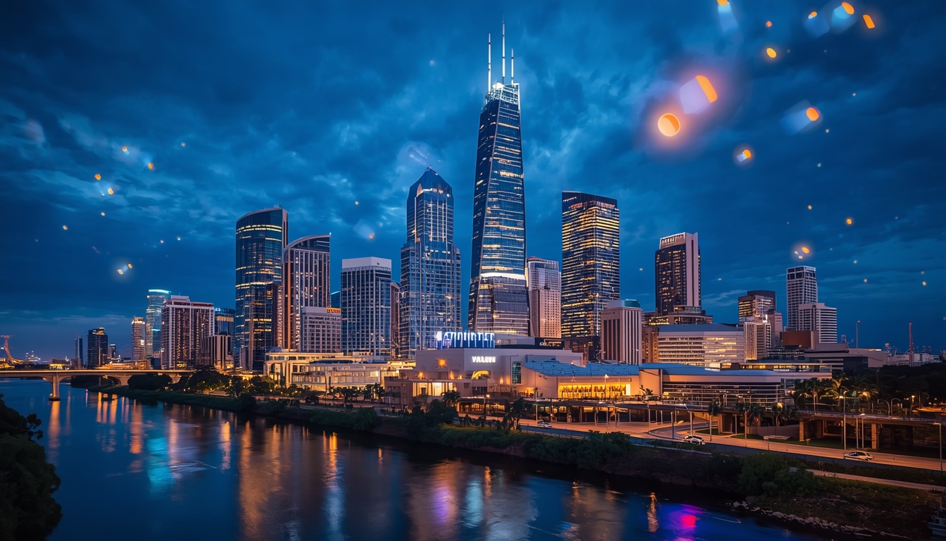 A Cityscape Shot Of Brisbane Queensland With Floating Fibre Connectivity Signals